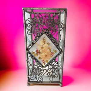 Pressed Dried Flowers Candle Holder Glass Ornate Wire Detail Butterflies MCM 70s